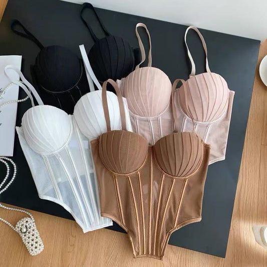 Fashion Solid Corset Lingerie Top Ladies Strap Sheer Mesh Slim Camisole American Retro Backless Beach Sexy Tank Top