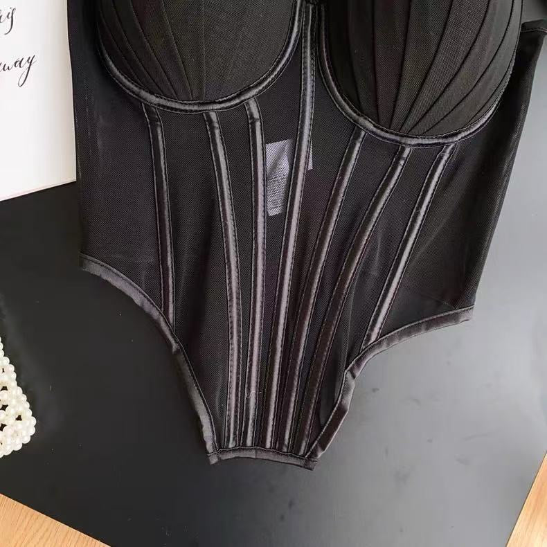 Fashion Solid Corset Lingerie Top Ladies Strap Sheer Mesh Slim Camisole American Retro Backless Beach Sexy Tank Top