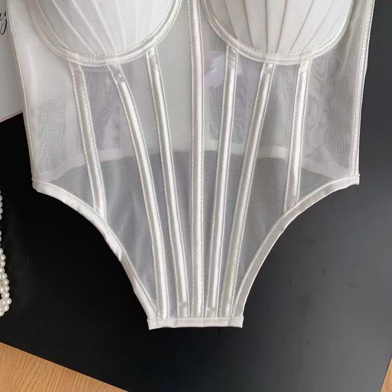 Fashion Solid Corset Lingerie Top Ladies Strap Sheer Mesh Slim Camisole American Retro Backless Beach Sexy Tank Top