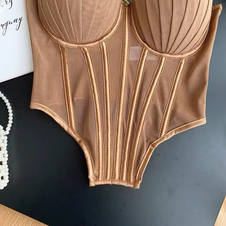 Fashion Solid Corset Lingerie Top Ladies Strap Sheer Mesh Slim Camisole American Retro Backless Beach Sexy Tank Top