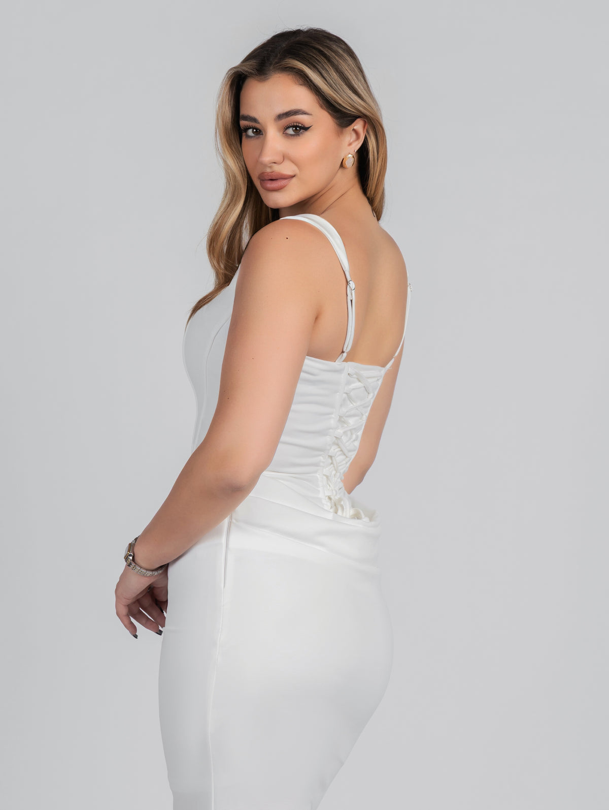 Elegant Women's Party WHITE Dress 2026 Summer Solid Color Hanging Neck Bareback Strap Split Style Skinny Dress Fishtail Bodycon Dress