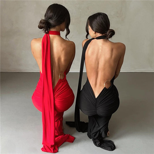 New Fashion Elegant Maxi Dress for Women Sexy One Shoulder Slim Pleated Solid Backless Dresses