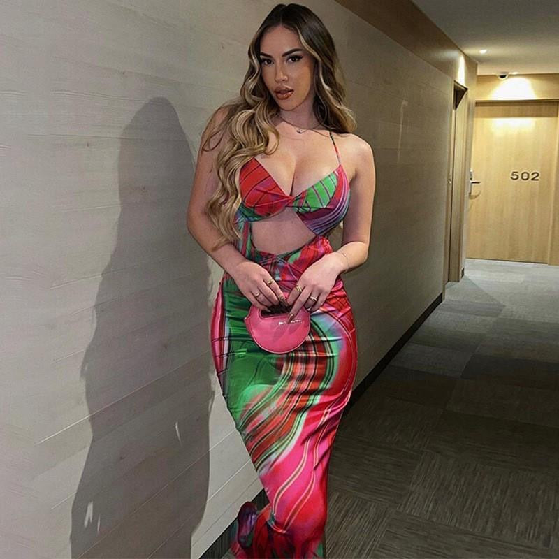 PERLA Women Sleeveless V Neck Hollow Out Printed Bodycon Beach Vacation Backless Long Dress 2023 Summer Clothes Streetwear