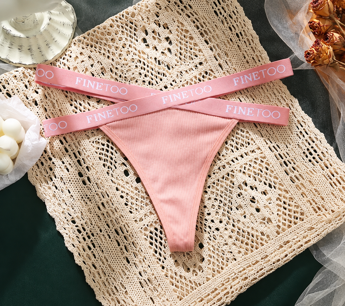 Women’s Ribbed Thong Panties with Logo Elastic Waistband, High-Cut Leg and Minimal Back Coverage Everyday Underwear