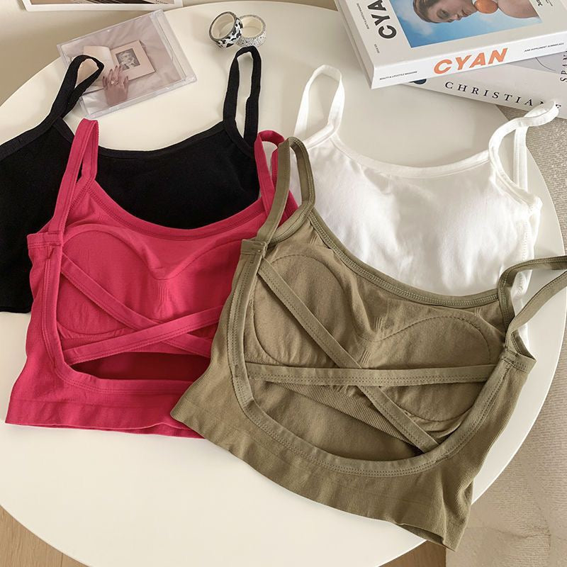 Spaghetti Strap Camis Summer Solid Sleeveless Hollow Out Cross Belt Tank Tops Sports In Bras Women Streetwear