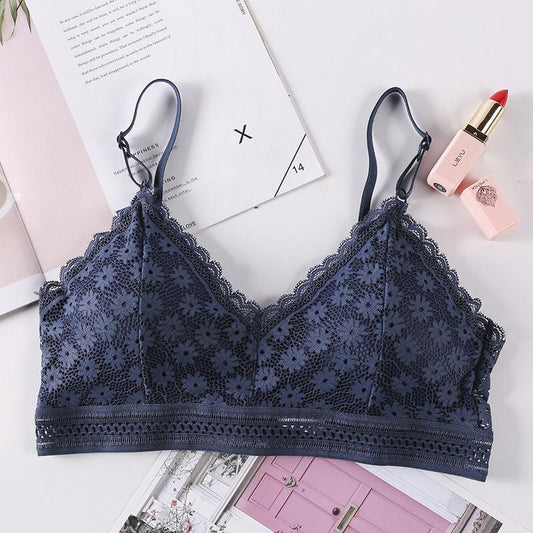 French Triangle Cup Bikini Bra Thin Sling No Steel Ring With Insert Lace Underwear Set Women