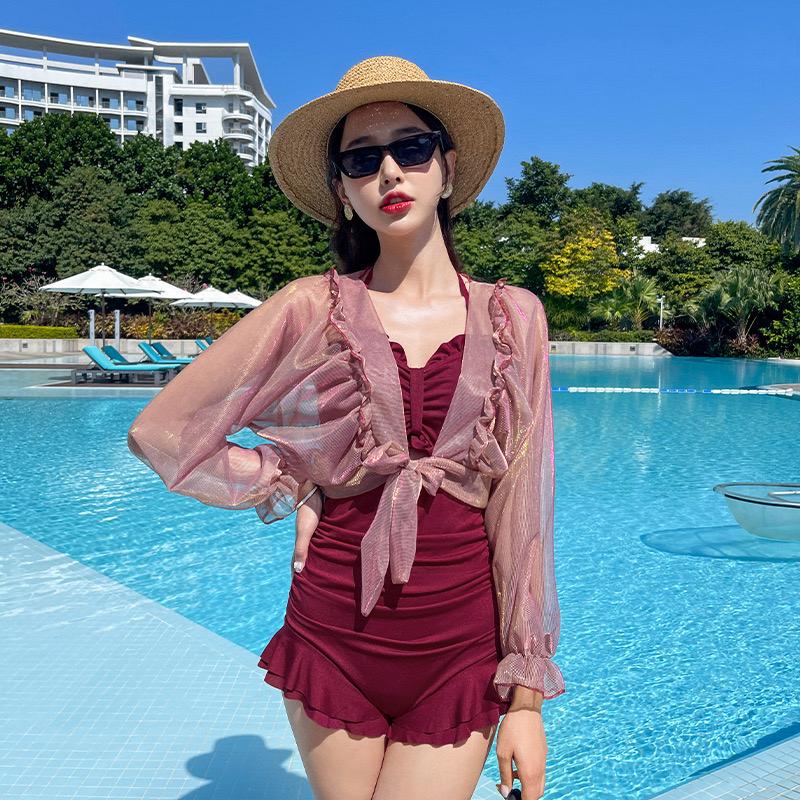 Women One Piece Swimsuit With Lace Cover Korean Fashion Summer Beach Wear Padded Push-up Bath Suit