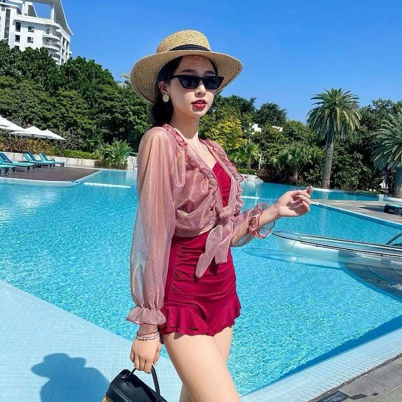 Women One Piece Swimsuit With Lace Cover Korean Fashion Summer Beach Wear Padded Push-up Bath Suit