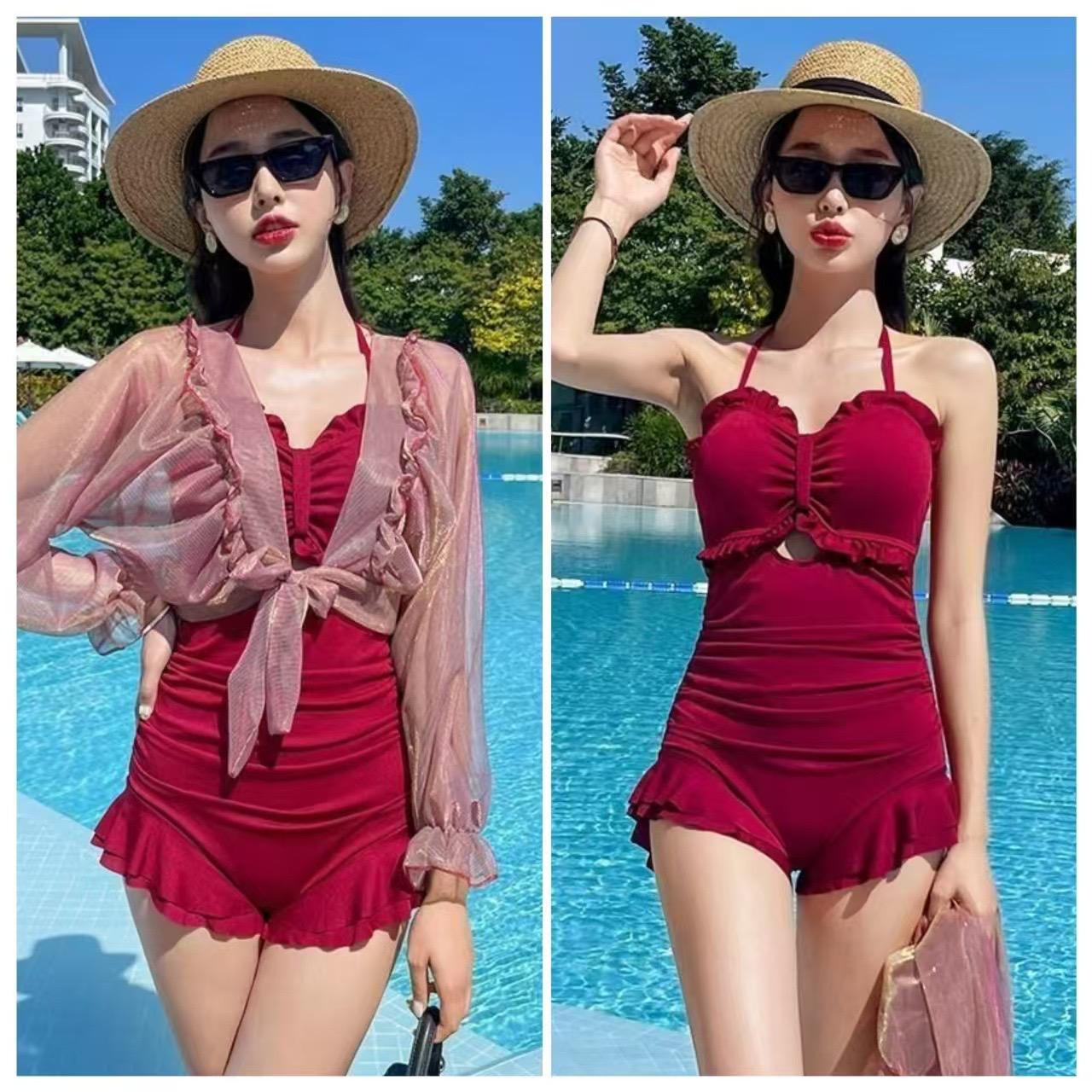 Women One Piece Swimsuit With Lace Cover Korean Fashion Summer Beach Wear Padded Push-up Bath Suit