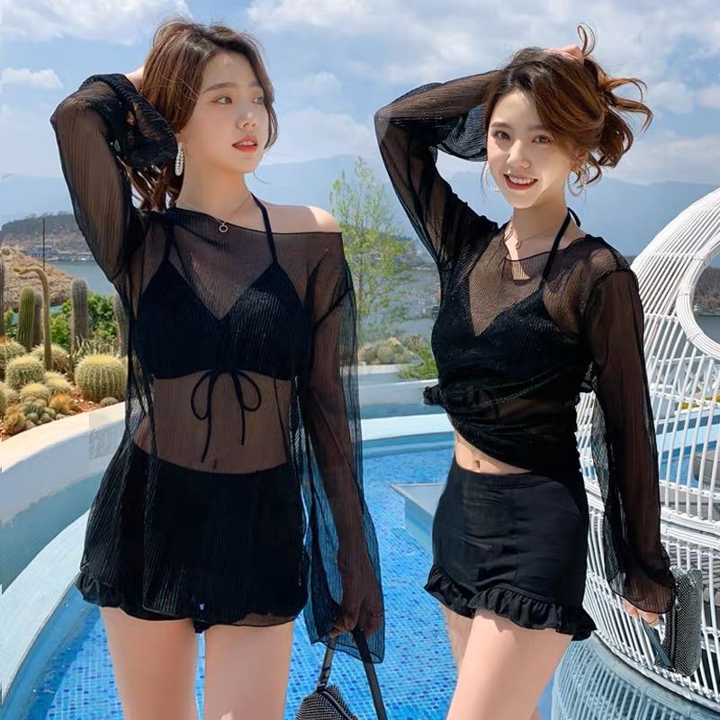 Japanese Swimsuit 3 Pieces Set Women Swimsuits With Cover-up Thin Gathered Bikini Fairy Swimwear Bathing Suit