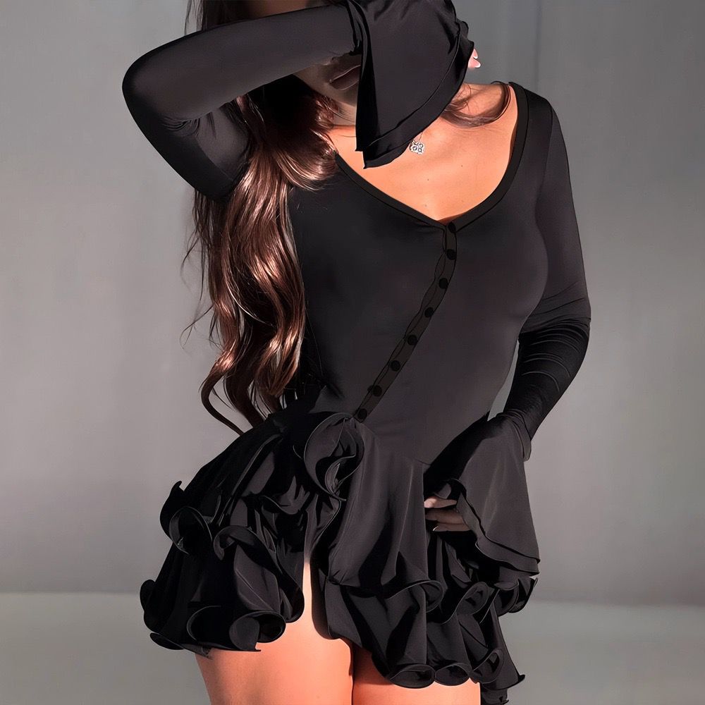 Absobe Women's A-Line Bodycon Mini Dress Ruffle Hem V-Neck Asymmetrical Buttons Long Sleeve Short Dress Party Streetwear Outfits