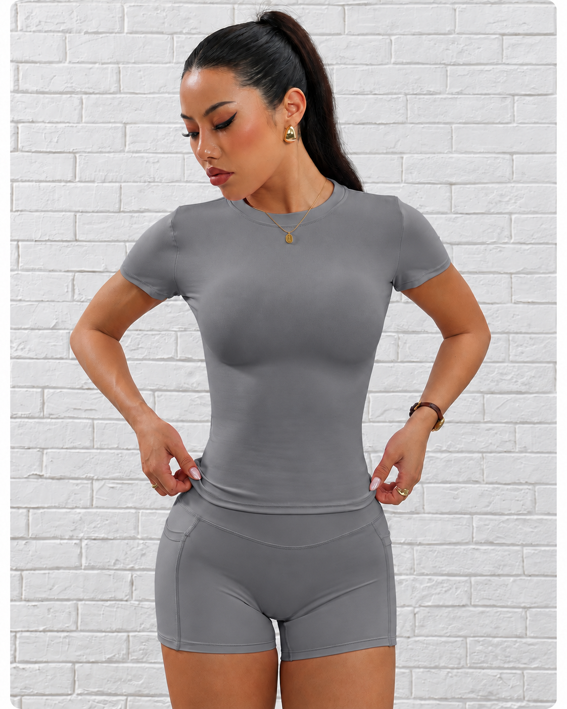 Summer Activewear Set Quick Dry Fabric Tummy Control Yoga Shorts Matching Solid Short Sleeve Workout Top Waist Detail for Ladies