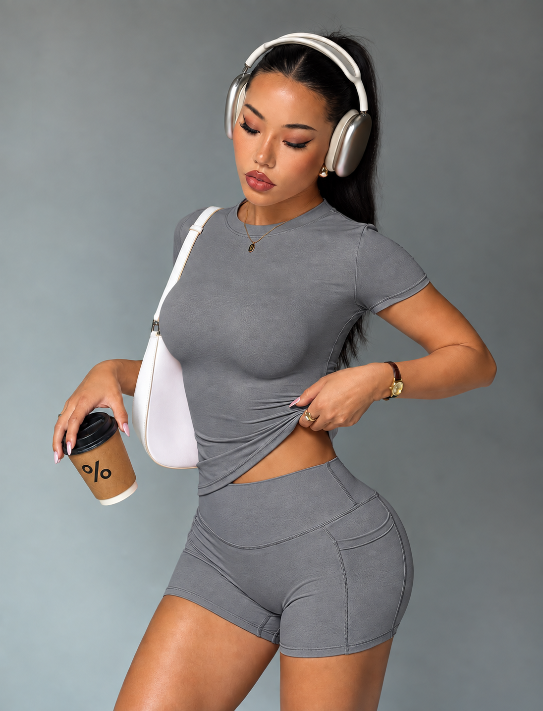 Summer Activewear Set Quick Dry Fabric Tummy Control Yoga Shorts Matching Solid Short Sleeve Workout Top Waist Detail for Ladies