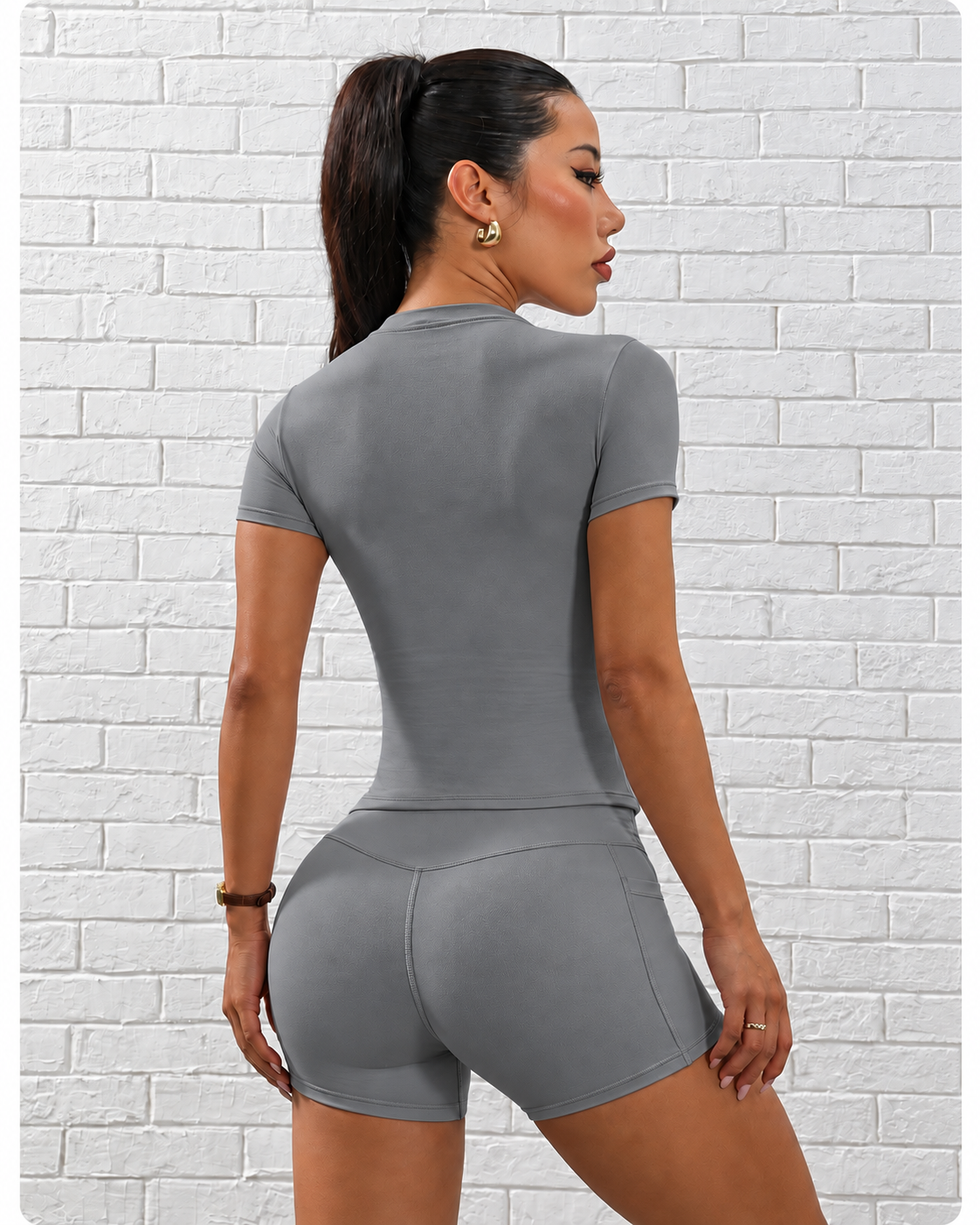 Summer Activewear Set Quick Dry Fabric Tummy Control Yoga Shorts Matching Solid Short Sleeve Workout Top Waist Detail for Ladies
