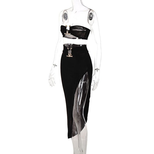 Completo da donna Perla Sexy Midi con top a corsetto e gonna con spacco, set elegante da festa, vestito a due pezzi con scollo a V e senza spalline