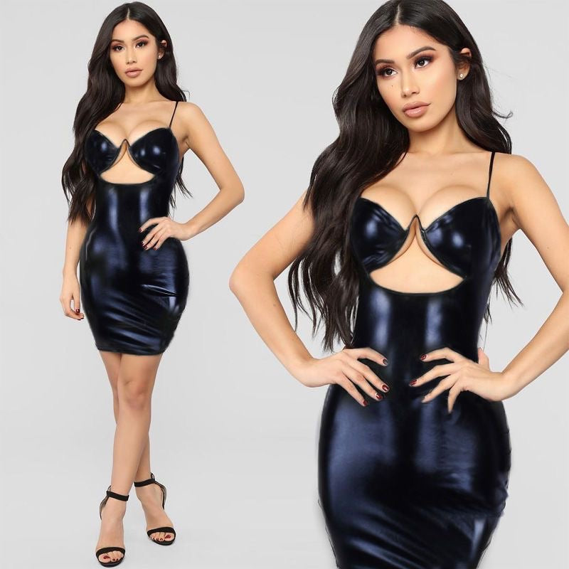 Perla Inwoman Summer Sexy Black Bodycon Dresses For Women Leather Cami Mini Dress Women Backless Hollow Out Sundress Female