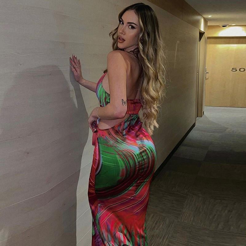 PERLA Women Sleeveless V Neck Hollow Out Printed Bodycon Beach Vacation Backless Long Dress 2023 Summer Clothes Streetwear