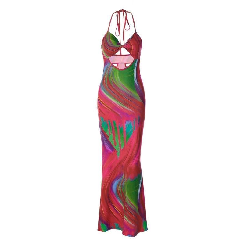 PERLA Women Sleeveless V Neck Hollow Out Printed Bodycon Beach Vacation Backless Long Dress 2023 Summer Clothes Streetwear