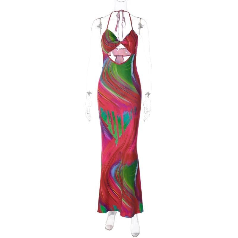 PERLA Women Sleeveless V Neck Hollow Out Printed Bodycon Beach Vacation Backless Long Dress 2023 Summer Clothes Streetwear