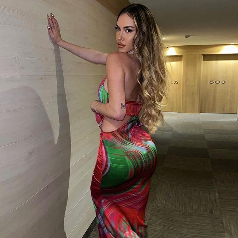 PERLA Women Sleeveless V Neck Hollow Out Printed Bodycon Beach Vacation Backless Long Dress 2023 Summer Clothes Streetwear