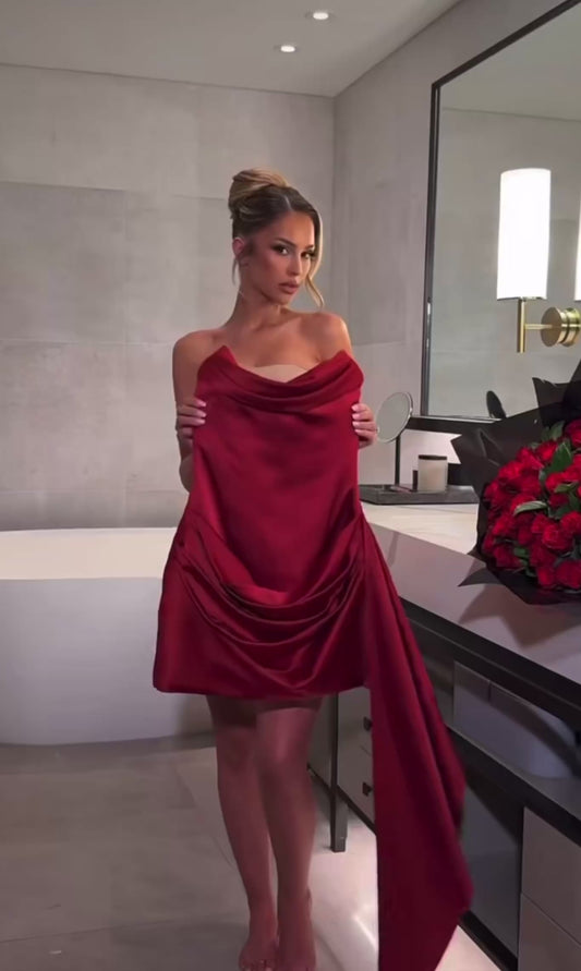 Elegant Strapless Corset Dress Women Sexy Satin Draped Bandage Mini Dress with Scarf Bodycon Cocktail Party Evening Gown