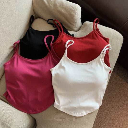 Sexy Summer Short Backless Solid Cotton Tank Top for Women, with Spaghetti Straps, Hollow Out Design, Fixed Cup for Comfort, and a seductive, eye-catching look.