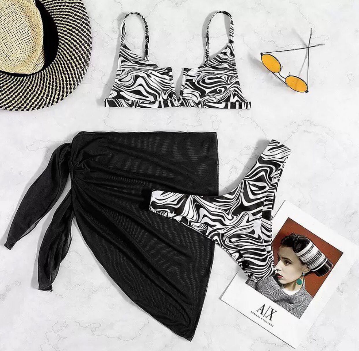 Zebra Strip V Wired High Cut Bikini Swimsuit & Beach Skirt