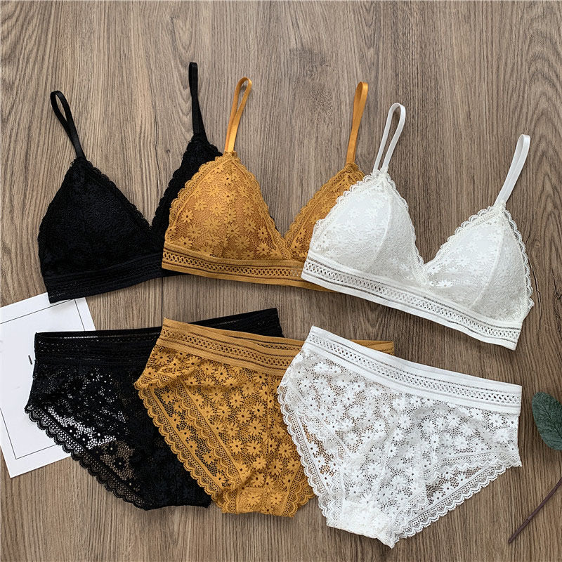 Cheap New Women 4 Colour Underwear French Wire-Free Ultra-thin Bralette  Sexy Lace Triangle Cup Push Up Bra Set Cotton Bra and Panties