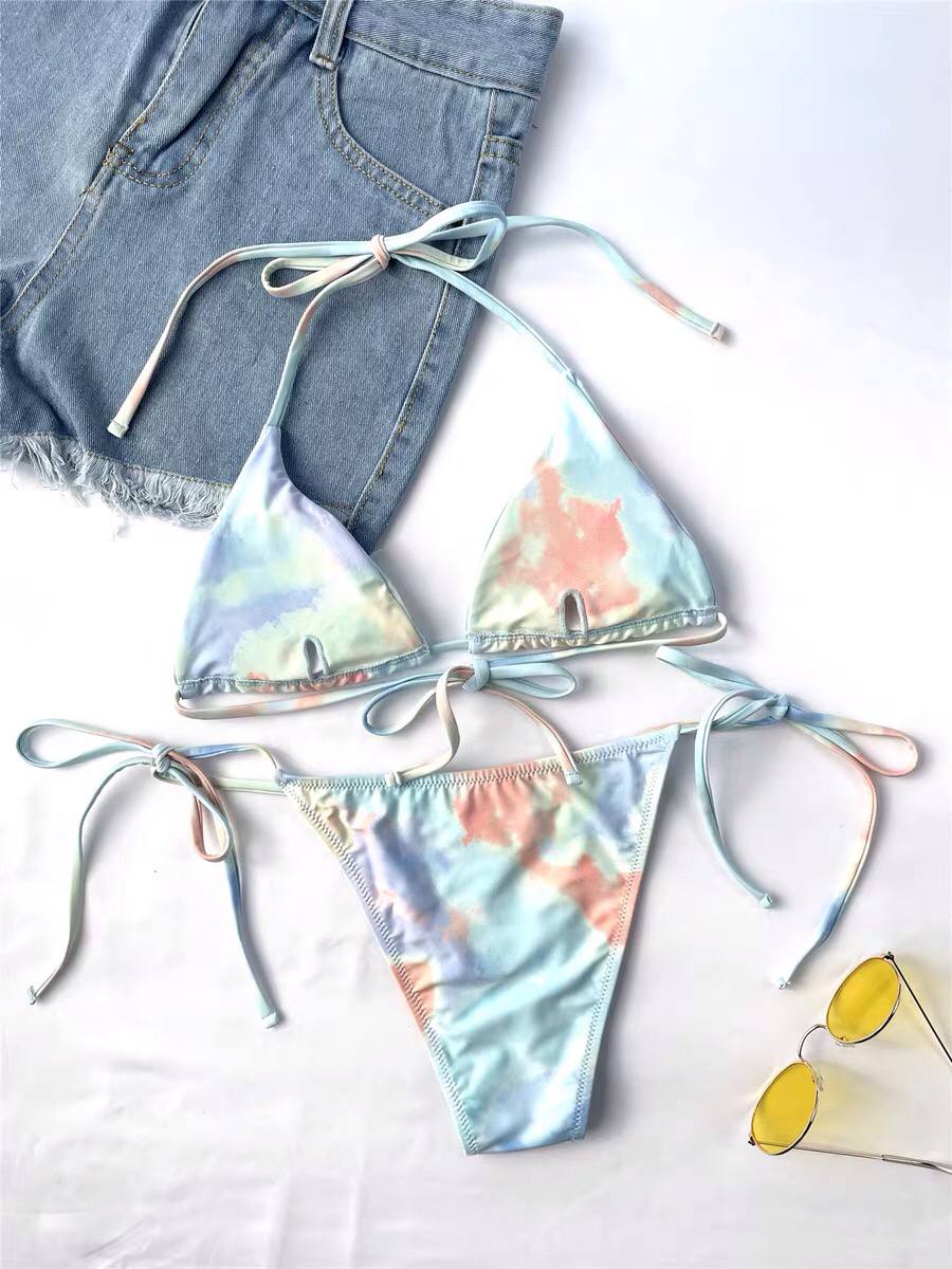 2022 New Tie Dye Micro Triangle Halter Tie Side Bikini Swimsuit