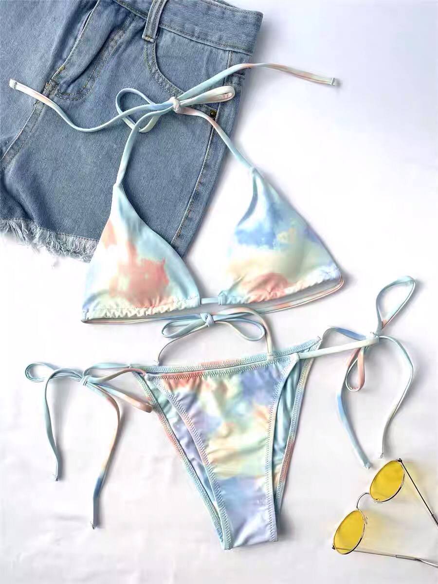 2022 New Tie Dye Micro Triangle Halter Tie Side Bikini Swimsuit