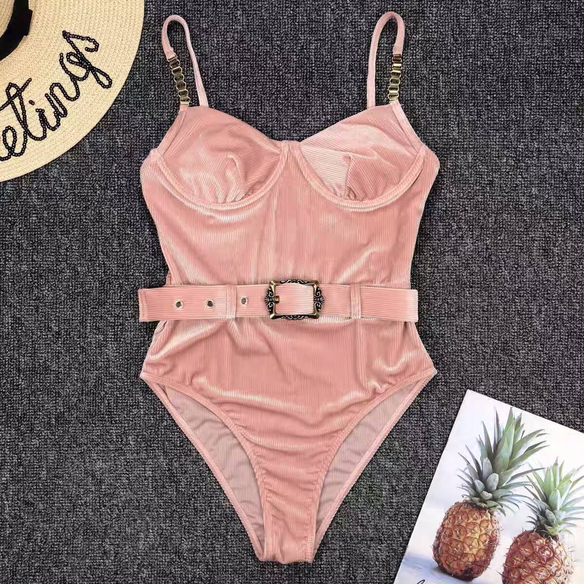 2022 Push-up One Piece Swimsuit Women Belt Swimwear Solid Summer Beach Wear Sexy Bathing Suit Slimming Velvet Bodysuit