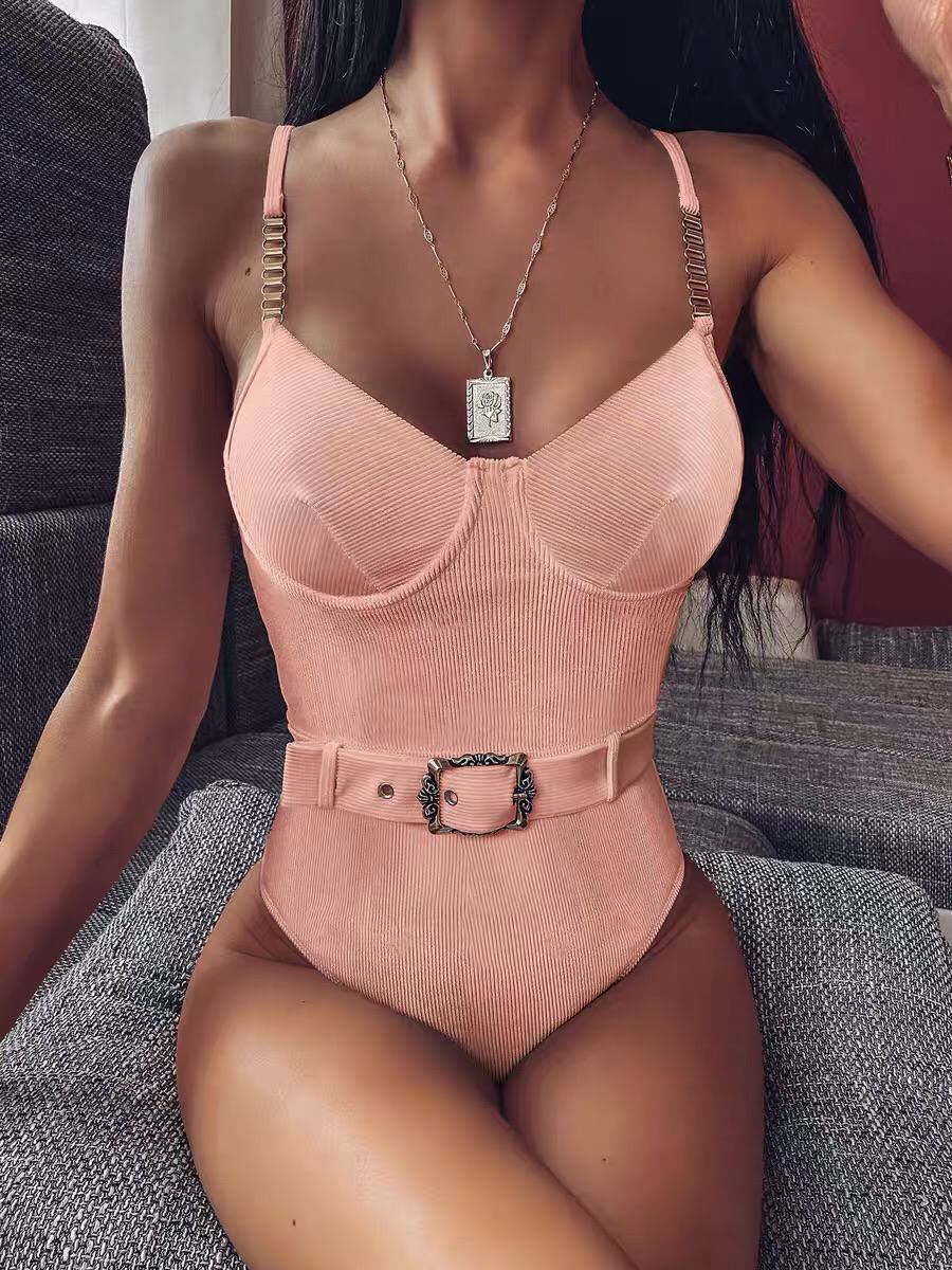 2022 Push-up One Piece Swimsuit Women Belt Swimwear Solid Summer Beach Wear Sexy Bathing Suit Slimming Velvet Bodysuit