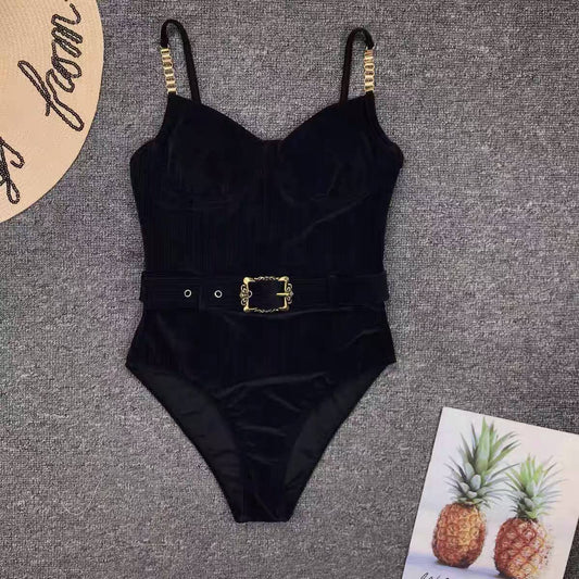 2022 Push-up One Piece Swimsuit Women Belt Swimwear Solid Summer Beach Wear Sexy Bathing Suit Slimming Velvet Bodysuit