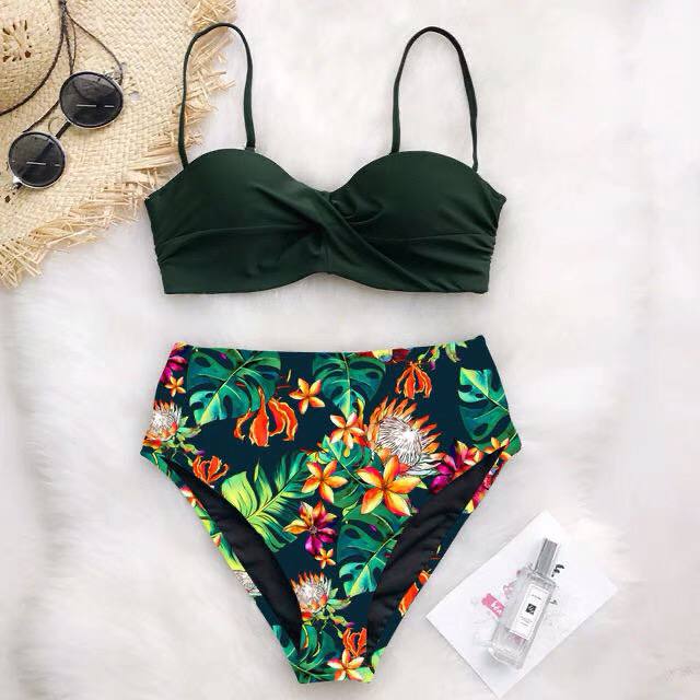 2022 Sexy Leaf Print Bikini Female Swimsuit Women Swimwear Thongs Push Up Bikinis Set High Waist Swimming Suits For Bathing Suit