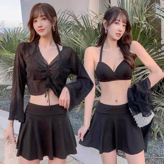 New Hot Summer Women’s Swimwear Three-pieces New Spilt Skirt Conservative Sexy Small Chest Steel Support Gathered To Show A Thin Belly Swimsuit