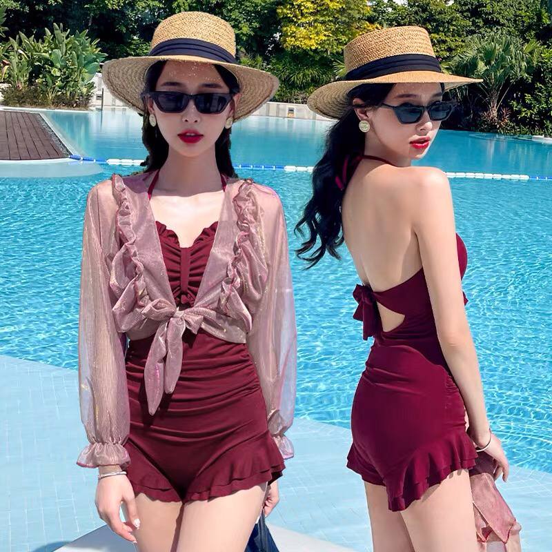 Women One Piece Swimsuit With Lace Cover Korean Fashion Summer Beach Wear Padded Push up Bath Suit