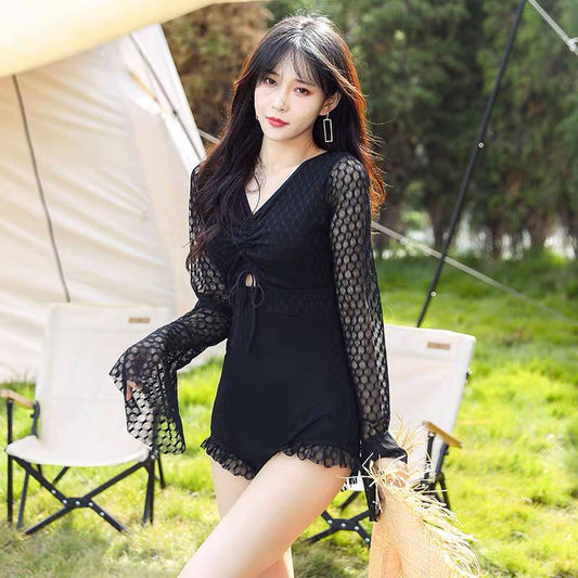 Women’s Swimwear 2022 New Fashion Black Slim Sunscreen Long Sleeve One Piece Hot Spring Triangle Swimwear